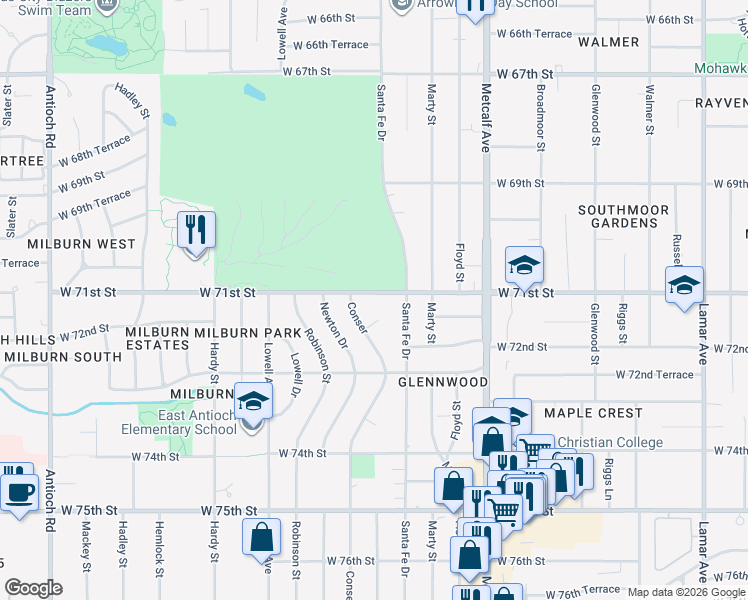 map of restaurants, bars, coffee shops, grocery stores, and more near 7507 West 71st Street in Overland Park