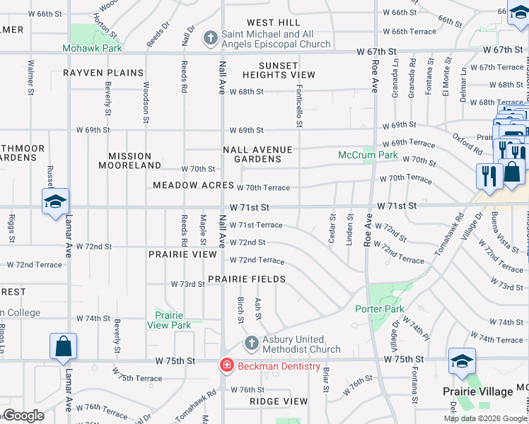map of restaurants, bars, coffee shops, grocery stores, and more near 5305 West 71st Street in Prairie Village