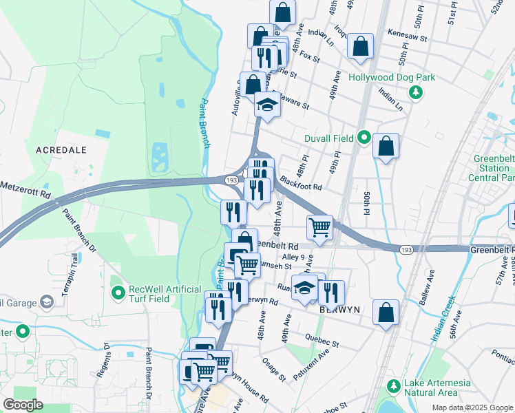 map of restaurants, bars, coffee shops, grocery stores, and more near 9021 U.S. 1 in College Park