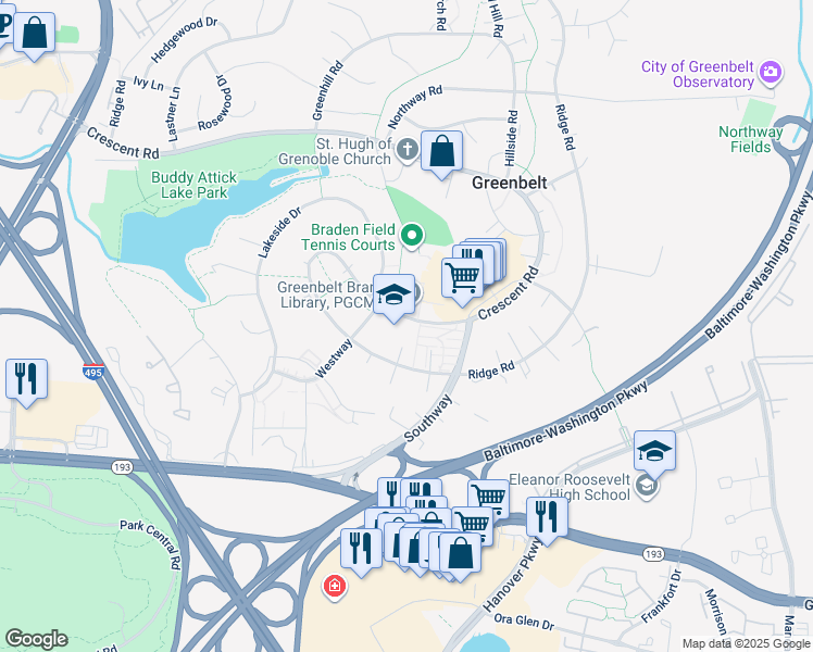 map of restaurants, bars, coffee shops, grocery stores, and more near 12 Crescent Road in Greenbelt