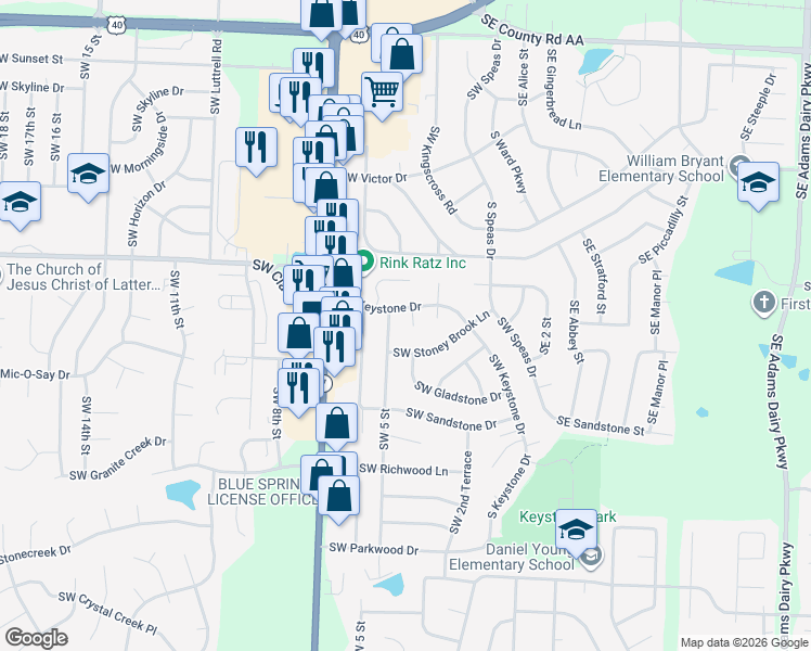 map of restaurants, bars, coffee shops, grocery stores, and more near 1800 Southwest 5 Street in Blue Springs