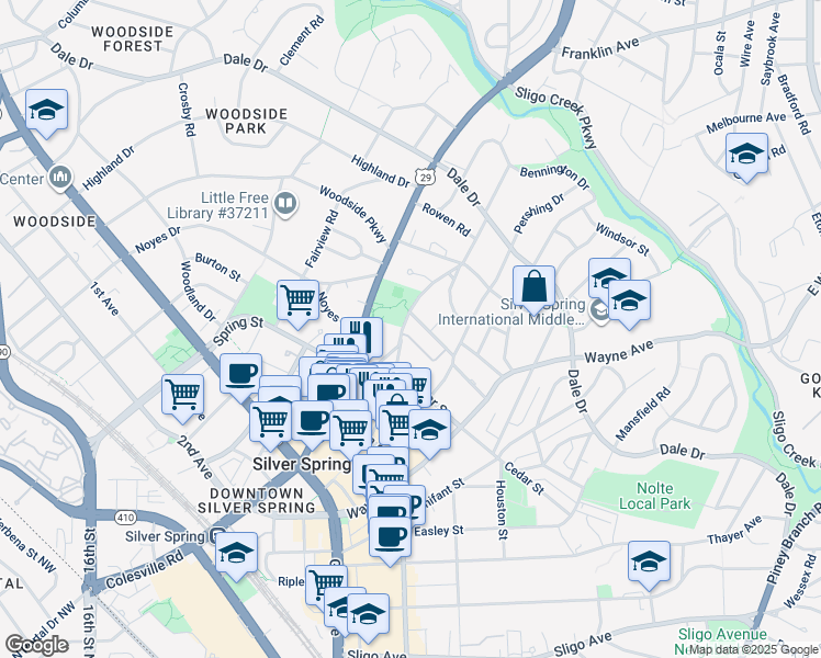 map of restaurants, bars, coffee shops, grocery stores, and more near 646 Ellsworth Drive in Silver Spring