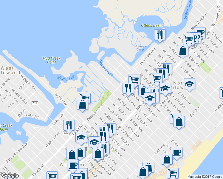 map of restaurants, bars, coffee shops, grocery stores, and more near 305 W 20th Ave in North Wildwood