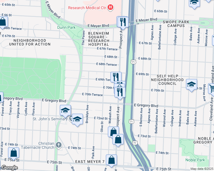 map of restaurants, bars, coffee shops, grocery stores, and more near 2410 East 70th Street in Kansas City