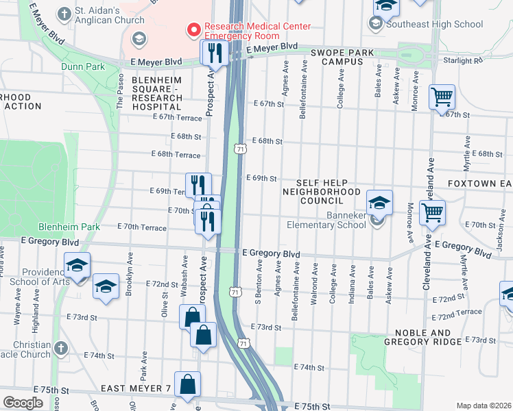 map of restaurants, bars, coffee shops, grocery stores, and more near 6943 Chestnut Avenue in Kansas City