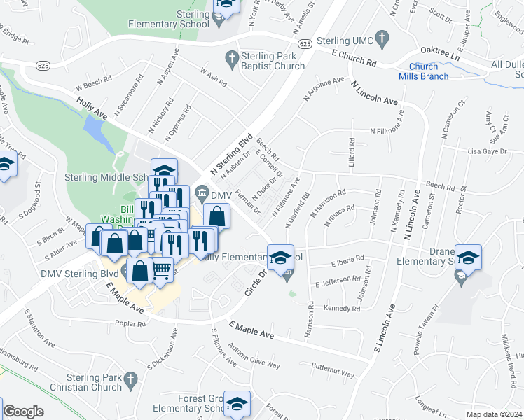 map of restaurants, bars, coffee shops, grocery stores, and more near 410 East Furman Drive in Sterling
