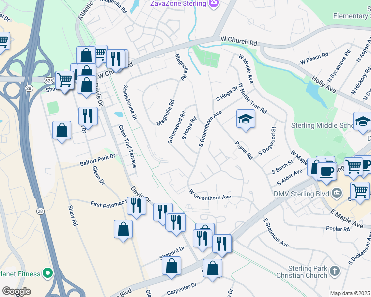 map of restaurants, bars, coffee shops, grocery stores, and more near 1027 South Hoga Road in Sterling
