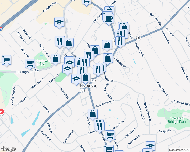 map of restaurants, bars, coffee shops, grocery stores, and more near 7104 U.S. 127 in Florence