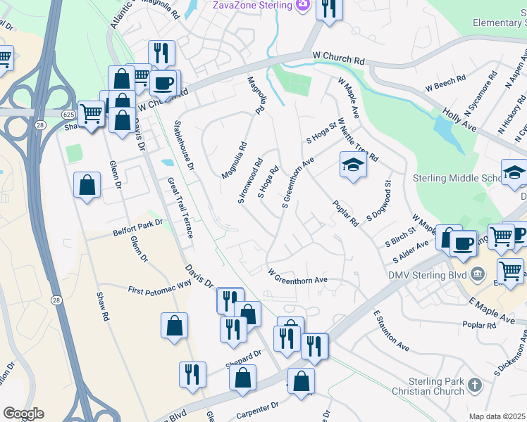 map of restaurants, bars, coffee shops, grocery stores, and more near 1027 South Hoga Road in Sterling