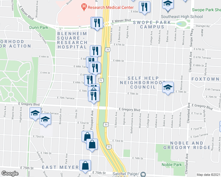map of restaurants, bars, coffee shops, grocery stores, and more near 6935 Chestnut Avenue in Kansas City