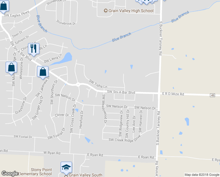 map of restaurants, bars, coffee shops, grocery stores, and more near 625 Southwest Tisha Lane in Grain Valley