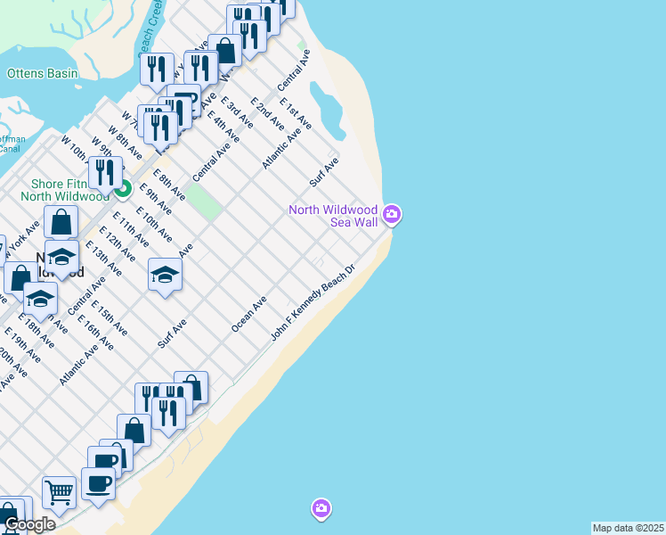 map of restaurants, bars, coffee shops, grocery stores, and more near 528 East 6th Avenue in North Wildwood