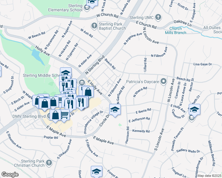 map of restaurants, bars, coffee shops, grocery stores, and more near 141 North Fillmore Avenue in Sterling