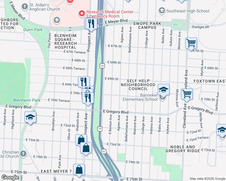 map of restaurants, bars, coffee shops, grocery stores, and more near 6946 Agnes Avenue in Kansas City