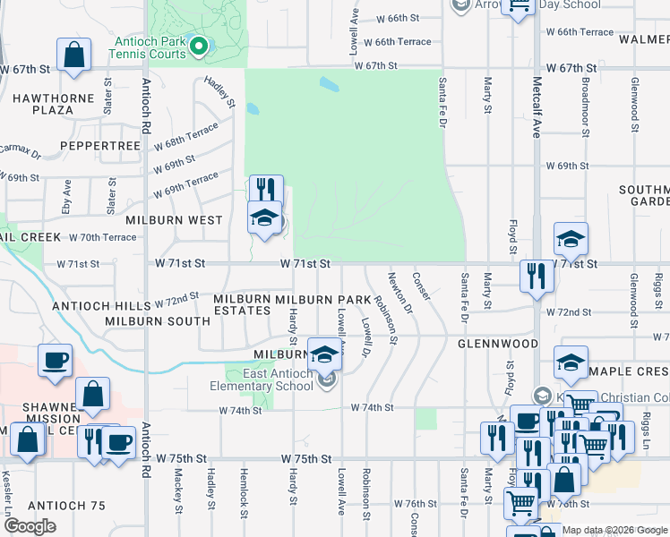 map of restaurants, bars, coffee shops, grocery stores, and more near 7107 Lowell Avenue in Overland Park