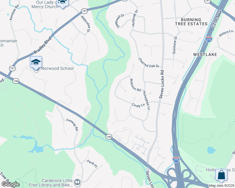 map of restaurants, bars, coffee shops, grocery stores, and more near 8027 Cindy Lane in Bethesda