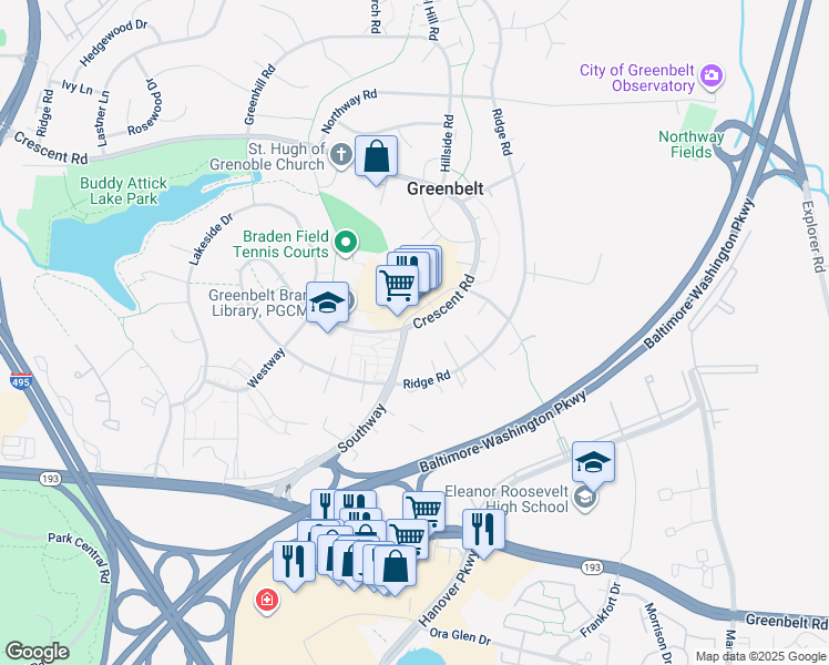 map of restaurants, bars, coffee shops, grocery stores, and more near 28 Crescent Road in Greenbelt
