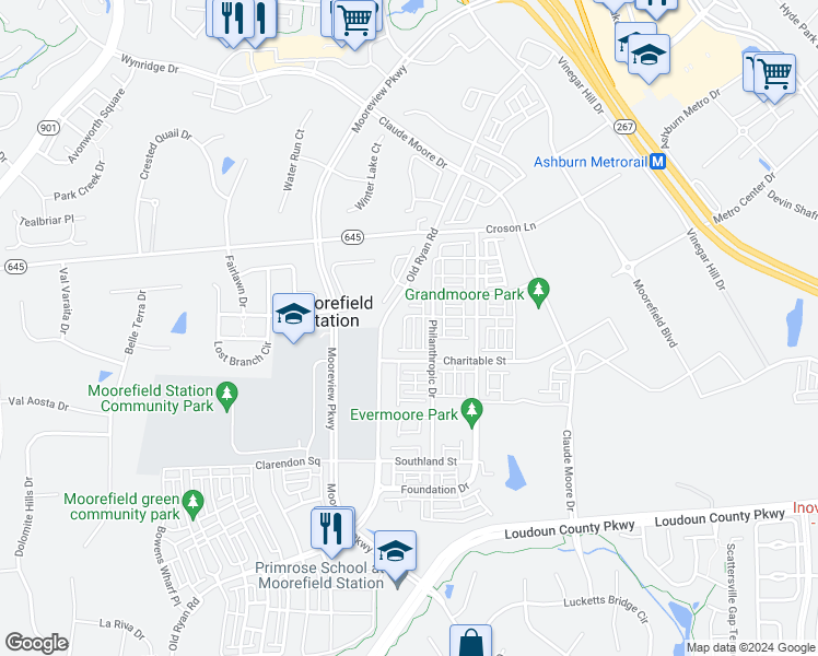 map of restaurants, bars, coffee shops, grocery stores, and more near 22257 Sims Terrace in Ashburn