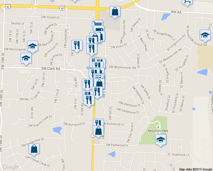 map of restaurants, bars, coffee shops, grocery stores, and more near 1508 Southwest 6 Street in Blue Springs
