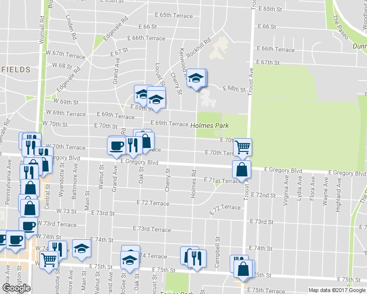map of restaurants, bars, coffee shops, grocery stores, and more near 626 East 70th Terrace in Kansas City