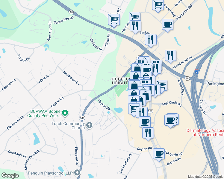 map of restaurants, bars, coffee shops, grocery stores, and more near 6431 Hopeful Road in Florence