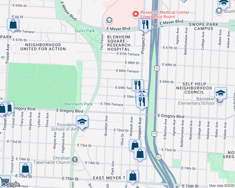 map of restaurants, bars, coffee shops, grocery stores, and more near 2228 East 70th Street in Kansas City