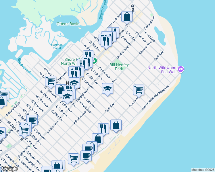 map of restaurants, bars, coffee shops, grocery stores, and more near 300 East 11th Avenue in North Wildwood