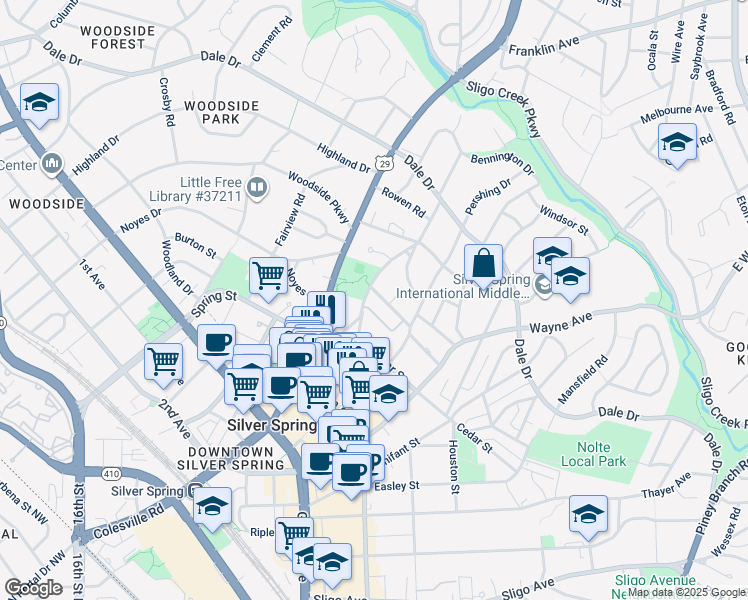 map of restaurants, bars, coffee shops, grocery stores, and more near 642 Ellsworth Drive in Silver Spring