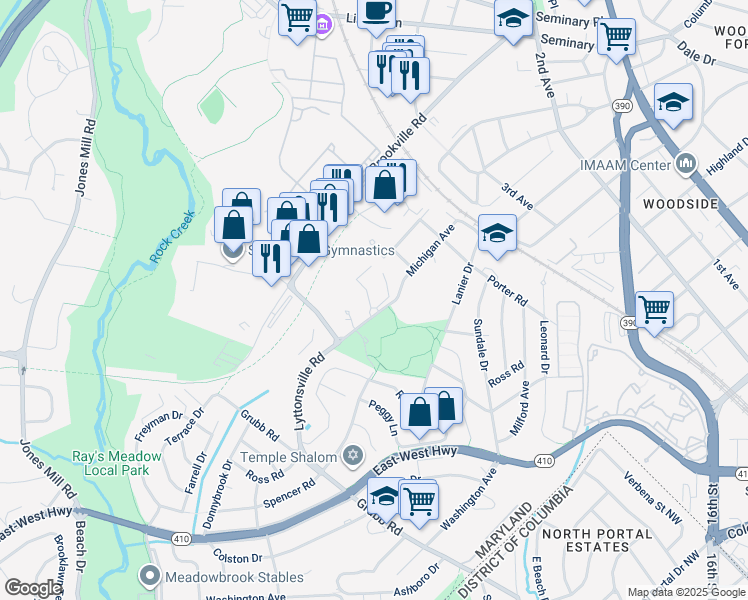 map of restaurants, bars, coffee shops, grocery stores, and more near 2423 Lyttonsville Road in Silver Spring