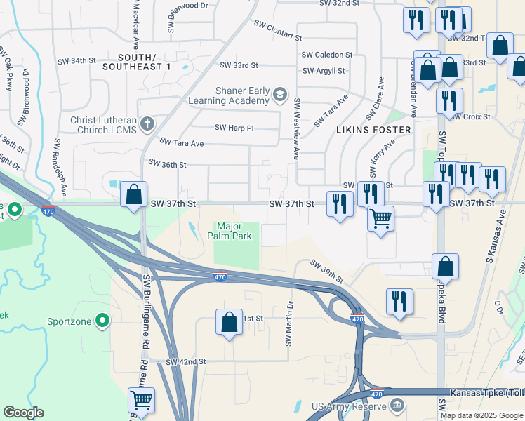 map of restaurants, bars, coffee shops, grocery stores, and more near 1701 Southwest 37th Street in Topeka