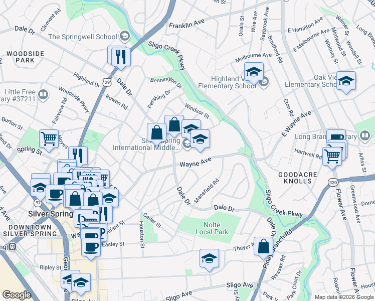 map of restaurants, bars, coffee shops, grocery stores, and more near 313 Wayne Avenue in Silver Spring