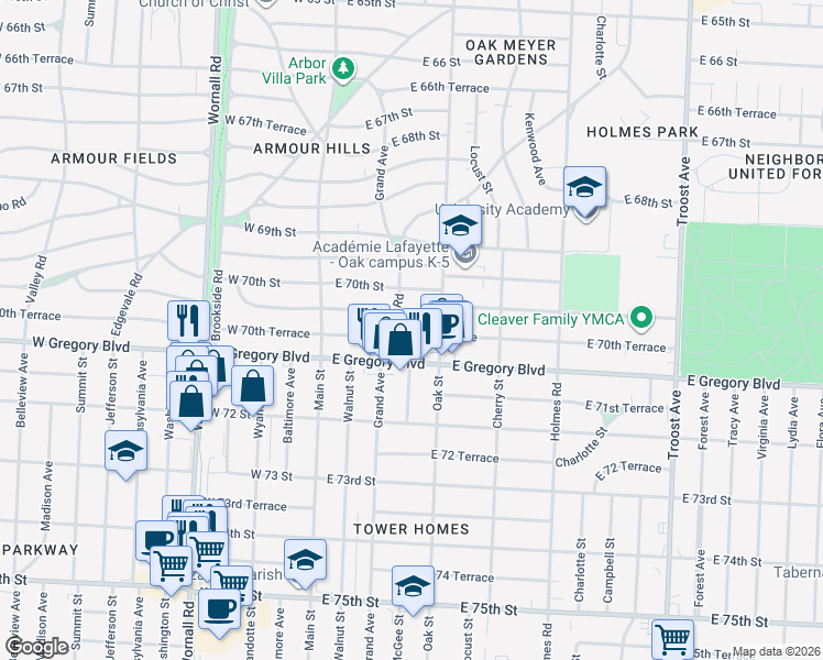 map of restaurants, bars, coffee shops, grocery stores, and more near 315 East 70th Terrace in Kansas City