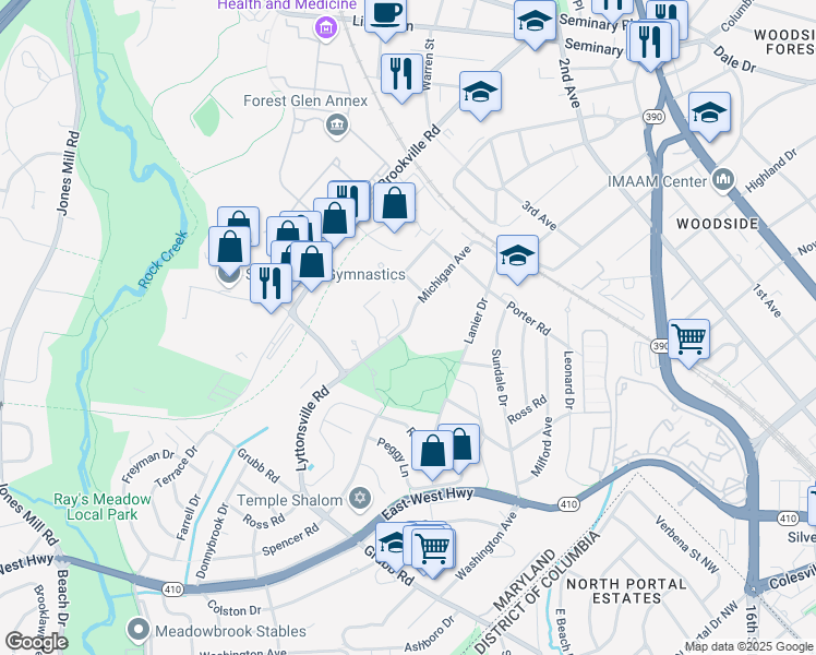 map of restaurants, bars, coffee shops, grocery stores, and more near Lyttonsville Road in Silver Spring