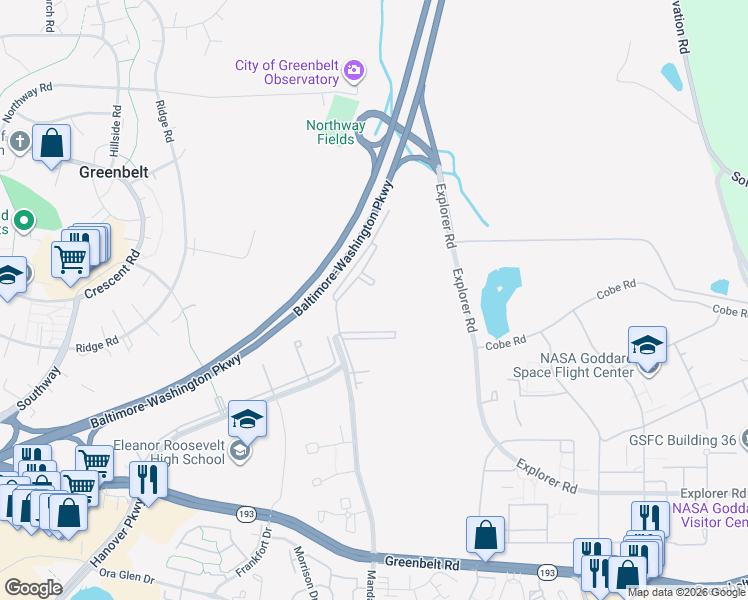map of restaurants, bars, coffee shops, grocery stores, and more near 7925 Mandan Road in Greenbelt