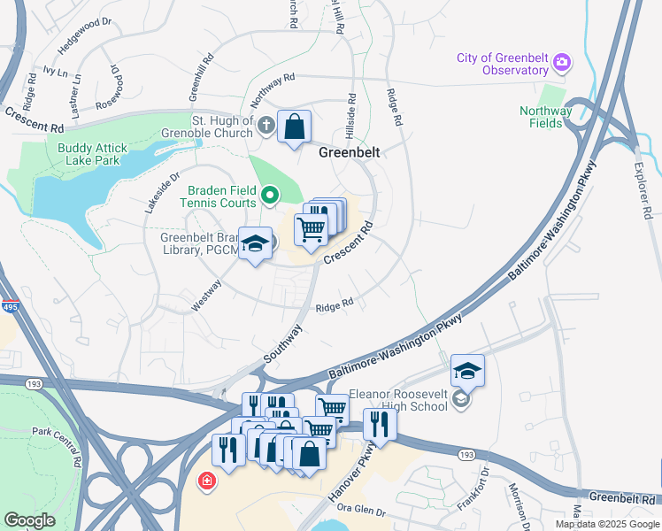 map of restaurants, bars, coffee shops, grocery stores, and more near 32 Crescent Road in Greenbelt