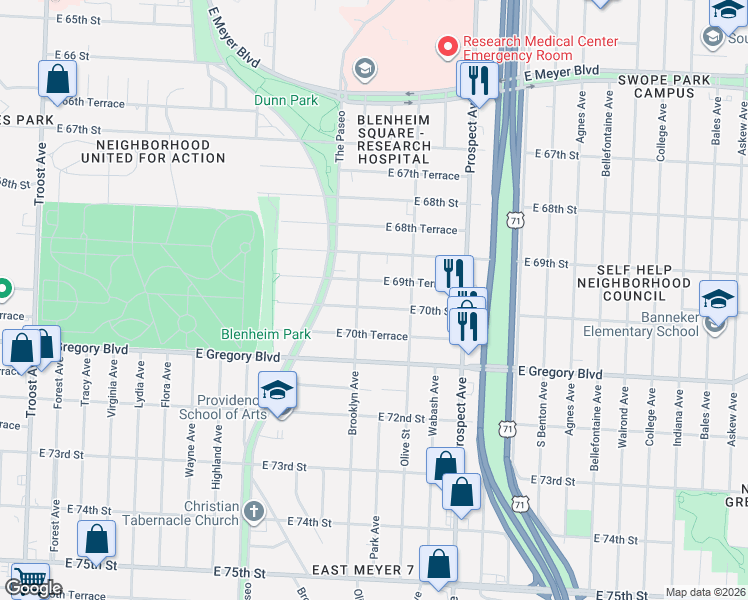 map of restaurants, bars, coffee shops, grocery stores, and more near 2212 East 70 Street in Kansas City