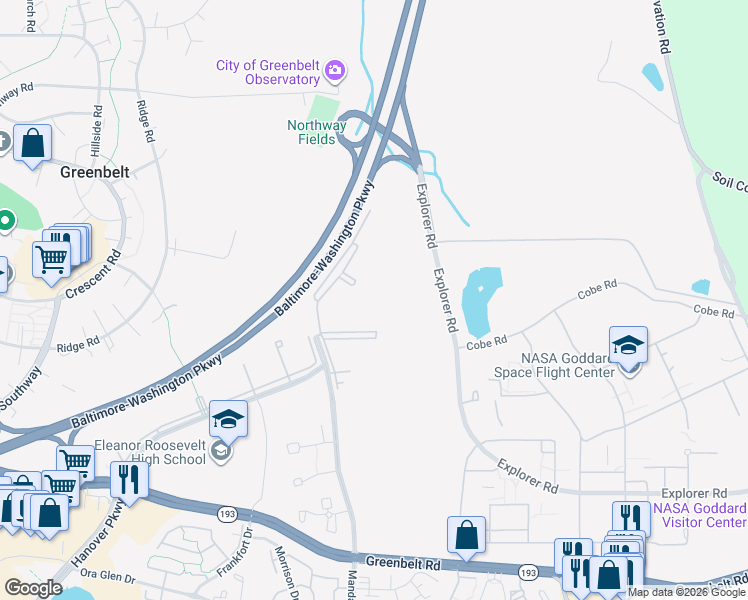 map of restaurants, bars, coffee shops, grocery stores, and more near 7919 Mandan Road in Greenbelt