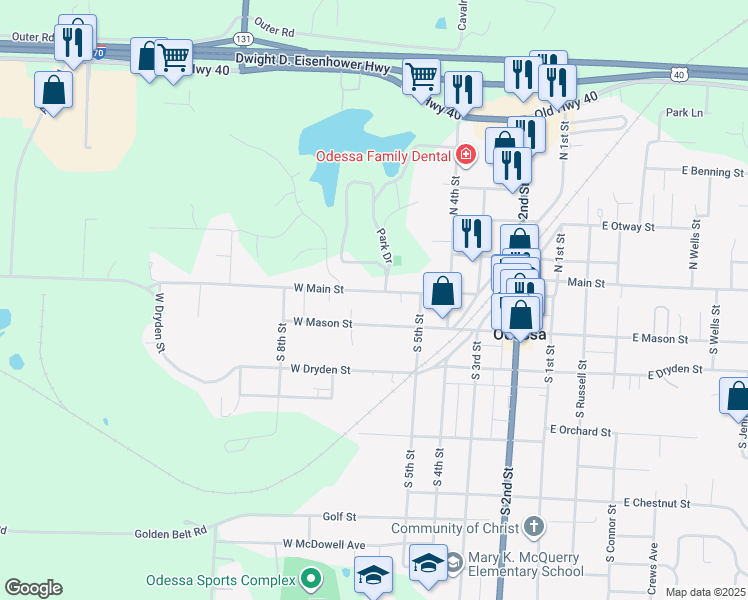 map of restaurants, bars, coffee shops, grocery stores, and more near 613 West Mason Street in Odessa