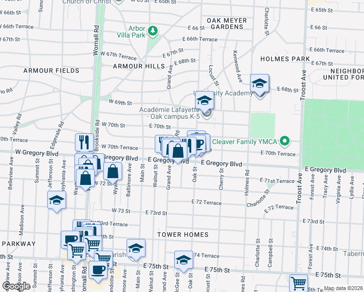 map of restaurants, bars, coffee shops, grocery stores, and more near 315 East 70th Terrace in Kansas City
