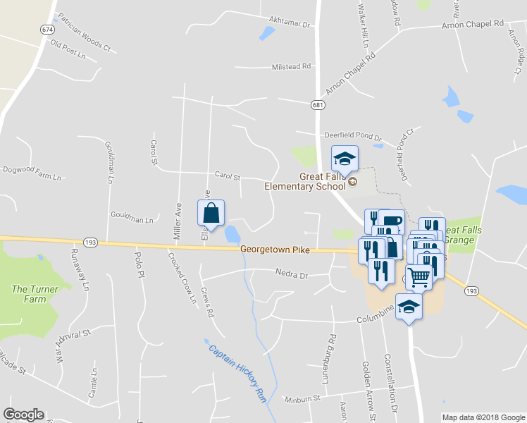 map of restaurants, bars, coffee shops, grocery stores, and more near 728 Forest Park Road in Great Falls