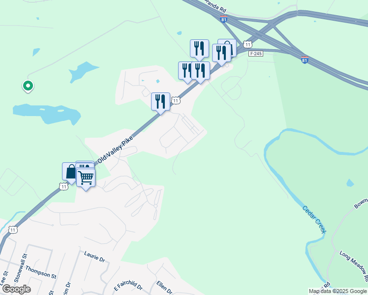 map of restaurants, bars, coffee shops, grocery stores, and more near Island Farm Road in Strasburg