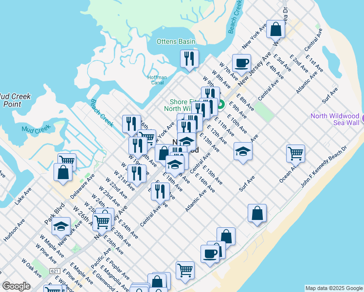 map of restaurants, bars, coffee shops, grocery stores, and more near in North Wildwood