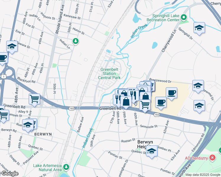 map of restaurants, bars, coffee shops, grocery stores, and more near 5255 Stream Bank Lane in Greenbelt
