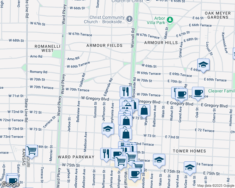 map of restaurants, bars, coffee shops, grocery stores, and more near 444 West Gregory Boulevard in Kansas City