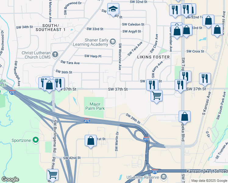 map of restaurants, bars, coffee shops, grocery stores, and more near 1601 Southwest 37th Terrace in Topeka