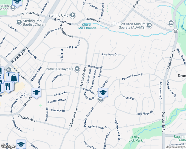 map of restaurants, bars, coffee shops, grocery stores, and more near 117 North Laura Anne Drive in Sterling