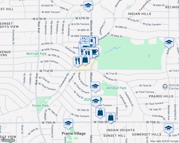 map of restaurants, bars, coffee shops, grocery stores, and more near 7112 Mission Road in Prairie Village