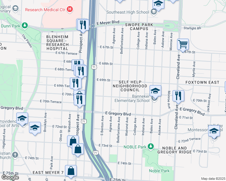 map of restaurants, bars, coffee shops, grocery stores, and more near 6946 Agnes Avenue in Kansas City