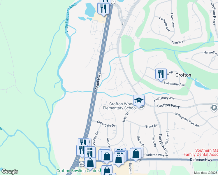 map of restaurants, bars, coffee shops, grocery stores, and more near 1684 Wilkshire Drive in Crofton