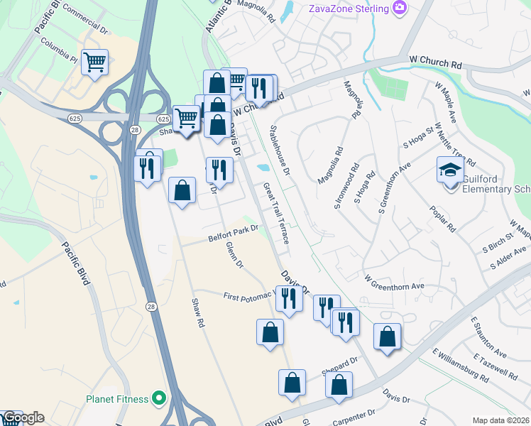 map of restaurants, bars, coffee shops, grocery stores, and more near 45485 Lost Trail Terrace in Sterling
